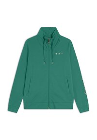 Giacca verde con zip e colletto alto, tasche frontali e coulisse. Presenta il logo metallici "FREDDY" e un motivo floreale sulla manica.