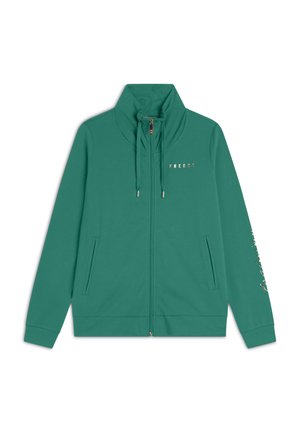 Giacca verde con zip e colletto alto, tasche frontali e coulisse. Presenta il logo metallici "FREDDY" e un motivo floreale sulla manica.