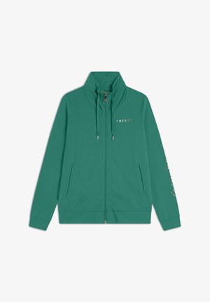 Giacca verde con zip e colletto alto, tasche frontali e coulisse. Presenta il logo metallici "FREDDY" e un motivo floreale sulla manica.