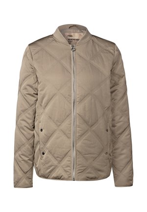 Beige quilted jacket with diamond stitching, front zipper, snap button pockets, and a ribbed collar.