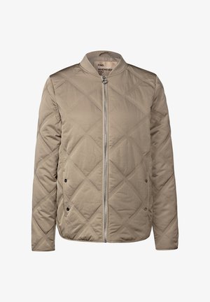Chaqueta acolchada beige con costuras en diamante, cremallera frontal, bolsillos con botón a presión y cuello de canalé.