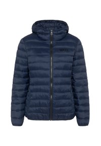 Dunkelblau gesteppte Daunenjacke mit Kapuze, versehen mit einem Frontreißverschluss, seitlichen Taschen und einem bedruckten Logo auf der linken Brust.