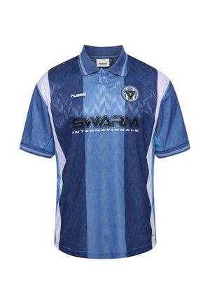 Blue and light blue short-sleeve polo shirt with diamond pattern, Hummel logo, and SWARM INTERNATIONALS text on the front.