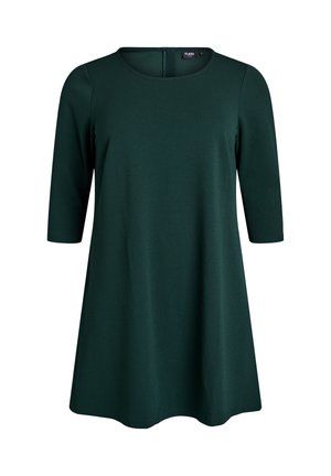 Mörkgrön klänning med knälängd, trekvartslånga ärmar, rund halsringning, mjukt tyg och diskret dragkedja i ryggen.