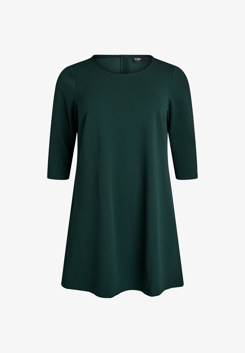 Temno zelena, obleka do kolen s tremi četrtinskimi rokavi, okrogel izrez, mehak material in diskreten zadnji zadrgo.