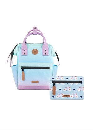Light blue and purple backpack with front zipper pocket and matching floral-patterned pouch with bicycle and heart designs.