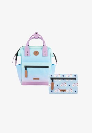Light blue and purple backpack with front zipper pocket and matching floral-patterned pouch with bicycle and heart designs.