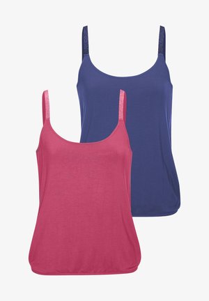 Zwei Damen-Topfs: eines in Pink und eines in Marineblau, beide aus weichem Stoff, mit runden Ausschnitten und glänzenden Trägern. Glatte Textur und lässiges Design.