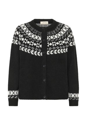 Cardigan noir à boutons avec col rond, présentant des motifs géométriques et en zigzag blancs sur l'empiècement et les poignets.