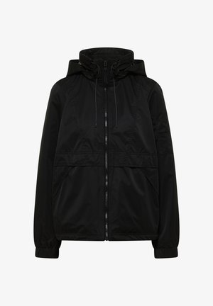 Sort letvægtsjakke med hætte og fuld lynlås foran, snore i hætten, elastiske manchetter og skrå forlommer.
