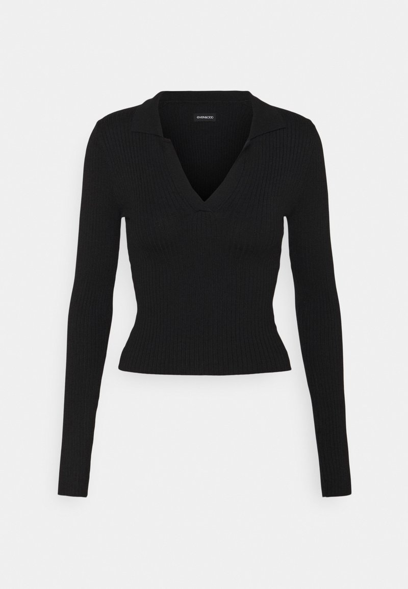 Černý dlouhý rukáv ribbed top s výstřihem do V a límečkovým designem, s přiléhavým střihem a texturovanou látkou.