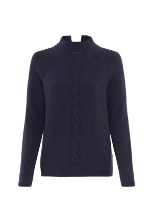 Marineblaues langärmliges Sweatshirt mit Zopfmuster in der Mitte und hohem, gespaltenem Kragen.