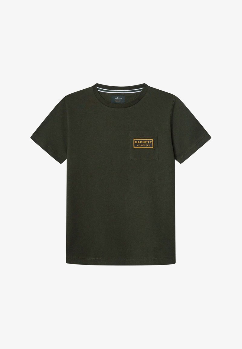 Dark green cotton t-shirt with short sleeves, round neck, and a chest pocket featuring a yellow "HACKETT VELOSPEED" label.