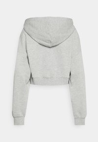 Klippd grå hoodie i mjukt tyg, med en stor huva och långa ärmar med ribbade manschetter. Bakifrån visas minimal detaljering.