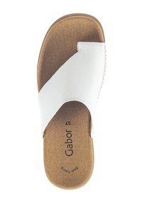 White leather sandal with cross-strap design, cork footbed, stitched accents, and "Gabor" branding on the insole; flat sole.