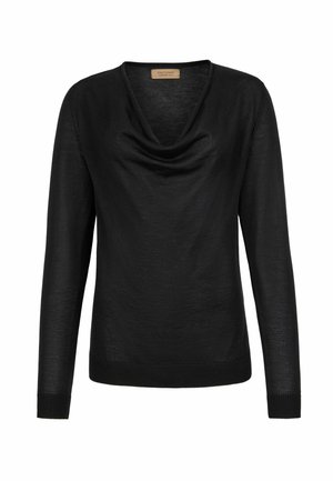 Schwarzer, leichter Pullover mit langen Ärmeln, einem drapierten Wasserfallausschnitt sowie gerippten Bündchen an Ärmeln und Saum.