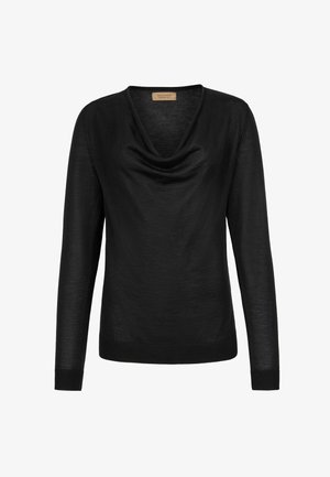 Pull léger noir à manches longues avec un col bénitier drapé et des poignets et un ourlet côtelés.