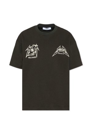 Donkergroen katoenen t-shirt met een ronde hals, korte mouwen en witte grafische prints op de linker- en rechterborst.