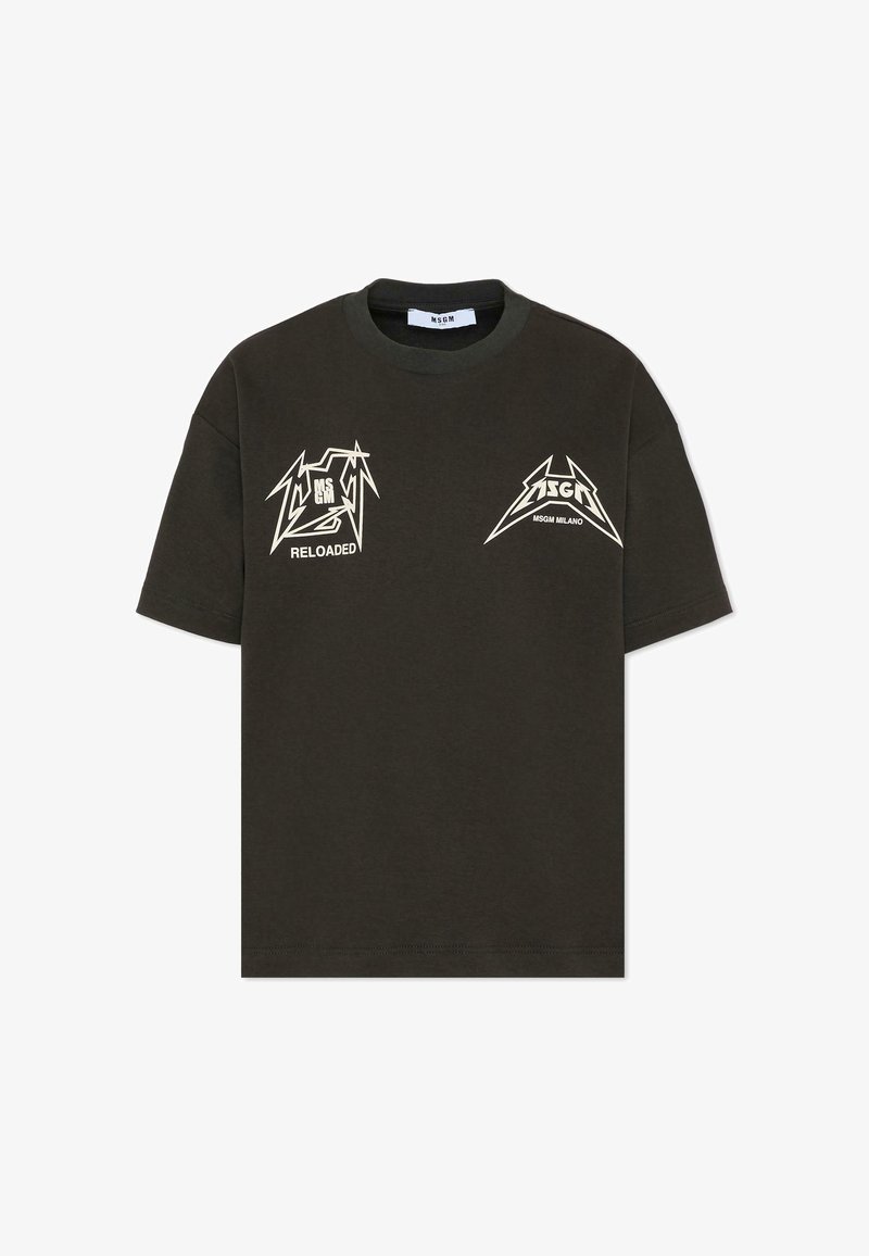 Donkergroen katoenen t-shirt met een ronde hals, korte mouwen en witte grafische prints op de linker- en rechterborst.