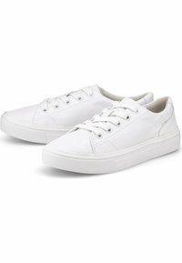 Weiße Leder-Sneaker im Low-Top-Stil mit Schnürverschluss, abgerundeter Zehenpartie und strukturiertem Gummisohle. Minimalistisches Design mit dezenten Nähdetails.