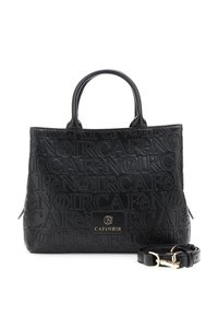Borsa a tote in pelle nera con logo in rilievo "Café Noir". Presenta manici superiori doppi, tracolla staccabile e dettagli in hardware dorato.