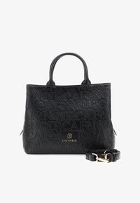 Bolso tote de cuero negro con el logo en relieve "Café Noir". Cuenta con asas superiores dobles, correa desmontable y adornos en tono dorado.