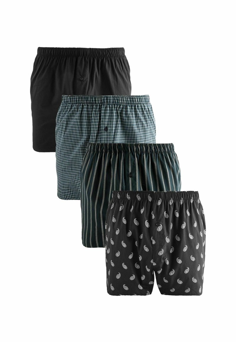 Vier Paare Boxershorts: einfarbig schwarz, grün kariert, dunkel gestreift und schwarz mit weißen Paisleymustern. Alle verfügen über elastische Taillenbünde.