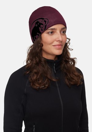 Maroon beanie with a black mammoth graphic, knitted texture, form-fitting design, and smooth finish. Simple and functional style.