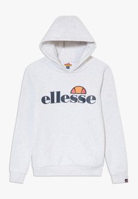 Felpa grigia chiara con tasca frontale e cappuccio con coulisse. Presenta un grande logo "ellesse" in nero con un accento arancione a semicerchio.