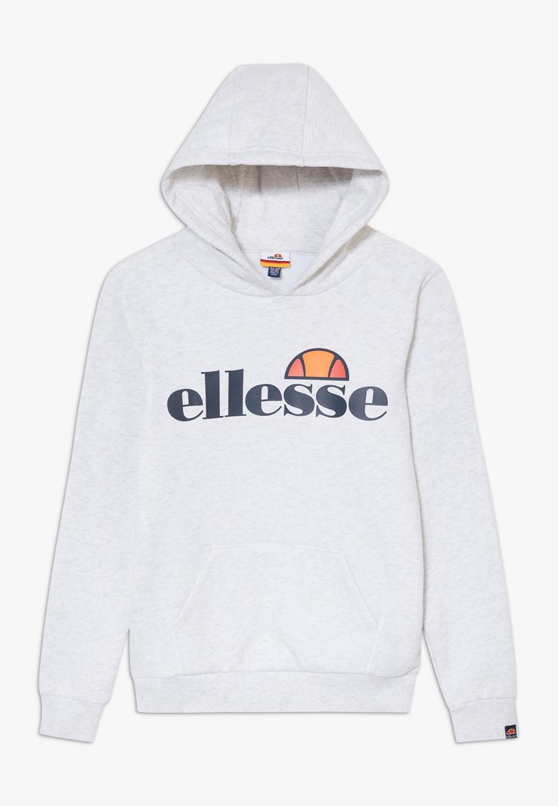 Felpa grigia chiara con tasca frontale e cappuccio con coulisse. Presenta un grande logo "ellesse" in nero con un accento arancione a semicerchio.
