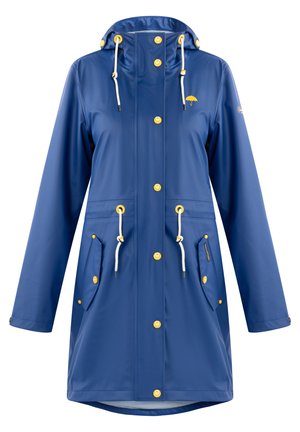 Modrý pláštěnka s kapucí, s žlutými knoflíky a stahovacími šňůrkami, dvěma předními kapsami a hladkým voděodolným materiálem.