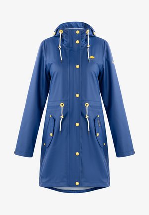 Modrý pláštěnka s kapucí, s žlutými knoflíky a stahovacími šňůrkami, dvěma předními kapsami a hladkým voděodolným materiálem.