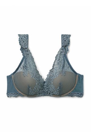 Lace-trimmed bra in teal, featuring a mesh overlay, textured cups, and wide lace straps for support. Scalloped edges along the band.