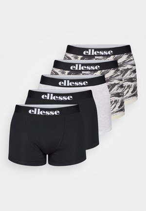 Cinq paires de boxers pour hommes dans des designs noir, gris et à motifs. Chacun présente une ceinture noire avec le logo "ellesse" affiché en évidence.