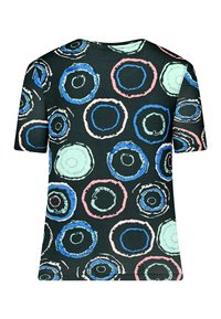 Short-sleeved black T-shirt featuring circular patterns in blue, pink, and light green. Made from a soft fabric with a crew neck design.