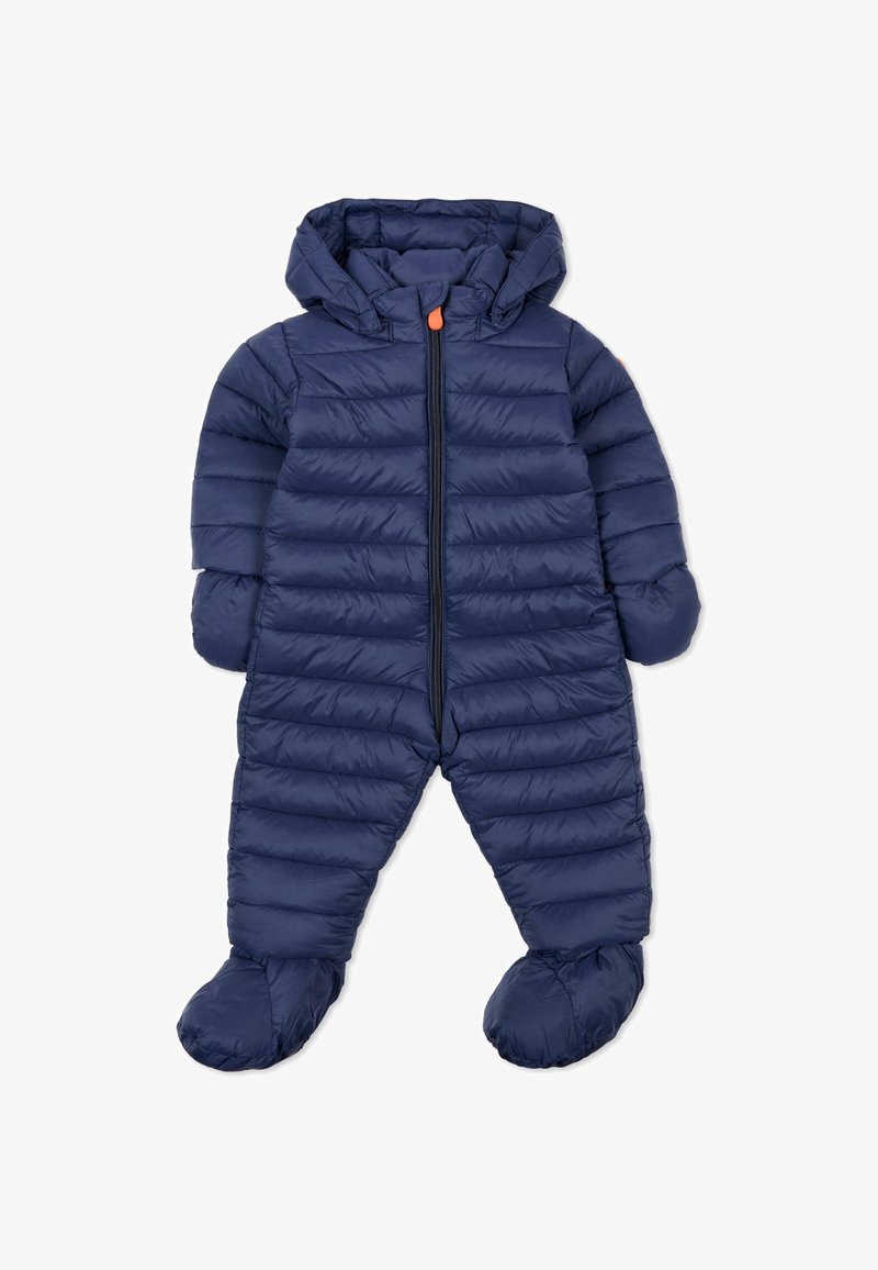 Marineblauwe gevoerde sneeuwpak met capuchon, volledige ritssluiting en voetdesign. Kenmerkt een quilted textuur en elastische manchetten voor extra warmte.