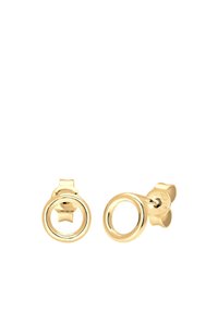 Cercei stud circulare aurii cu un finisaj lustruit, având un design circular gol. Realizați din metal, cu un diametru de aproximativ 1,5 cm.