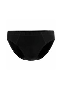 Parte inferiore di bikini nera con una texture liscia, caratterizzata da cuciture cucite e una vita elastica. Il design è minimalista e aderente.