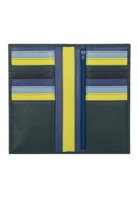 Portafoglio compatto caratterizzato da strisce in pelle di vari colori: blu, verde, giallo e grigio. Include fessure per carte e un compartimento con zip.