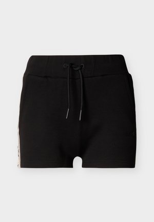 Pantaloni scurți atletici negri cu talie elastică și șnur frontal, având dungi laterale și un mic logo pe piciorul stâng.
