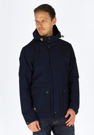 Navy blue waterproof jacket with a hood, featuring two front pockets, button closures, and wooden toggle accents. Smooth texture.
