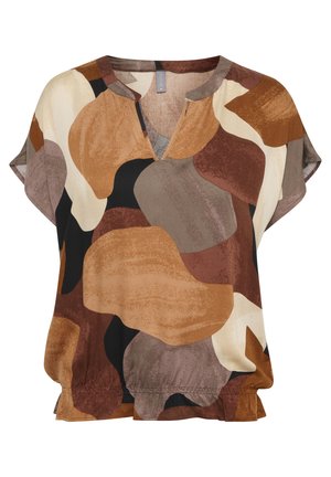 Losse blouse met een V-hals en korte mouwen, ontworpen met abstracte vormen in bruin, beige en zwart op een zachte stof.