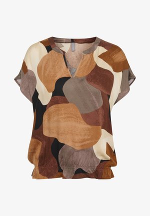Loose-fit blouse featuring a V-neck and short sleeves, designed with abstract shapes in brown, beige, and black on a soft fabric.