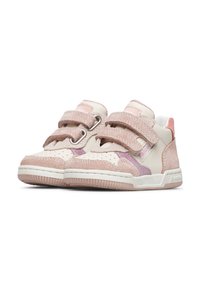 Sneaker rosa chiaro e crema con cinturini in velcro, materiale scamosciato, punta perforata e accenti testurizzati. Suole in gomma per aderenza.