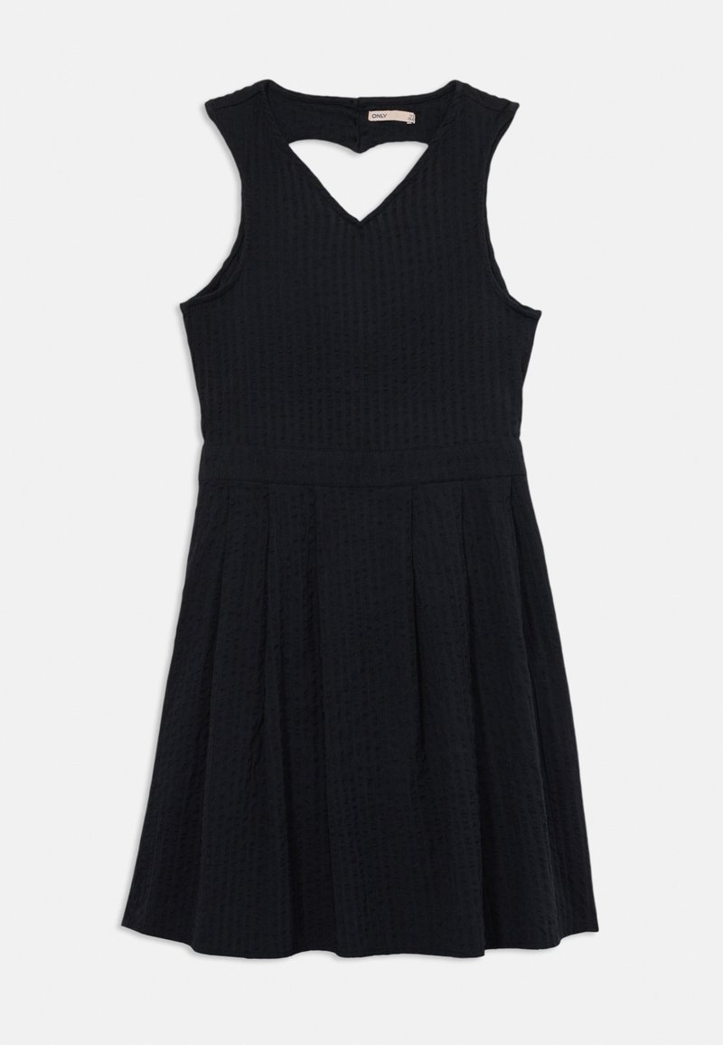 Μαύρο φόρεμα Α γραμμής με αμάνικο σχέδιο, υφασμάτινη υφή, τριγωνικό κόψιμο στη λαιμόκοψη και πτυχώσεις στη φούστα.