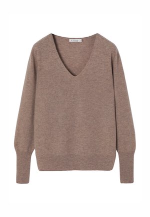 V-neck, long-sleeve sweater in soft brown knit fabric, featuring a relaxed fit and ribbed cuffs and hem. Plain texture without patterns.