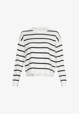 Valge pika varrukaga kampsun mustade horisontaalsete triipudega, ümara kaelusega ning soonikutega varrukaotste ja alläärega, esitatud tavalise valge tausta peal.