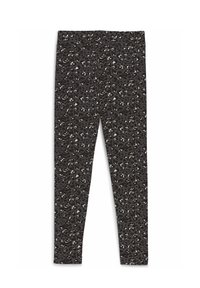 Leggings neri con un motivo a stampa animale ripetuto in grigio e bianco. Realizzati in un materiale morbido e elasticizzato con un design aderente.