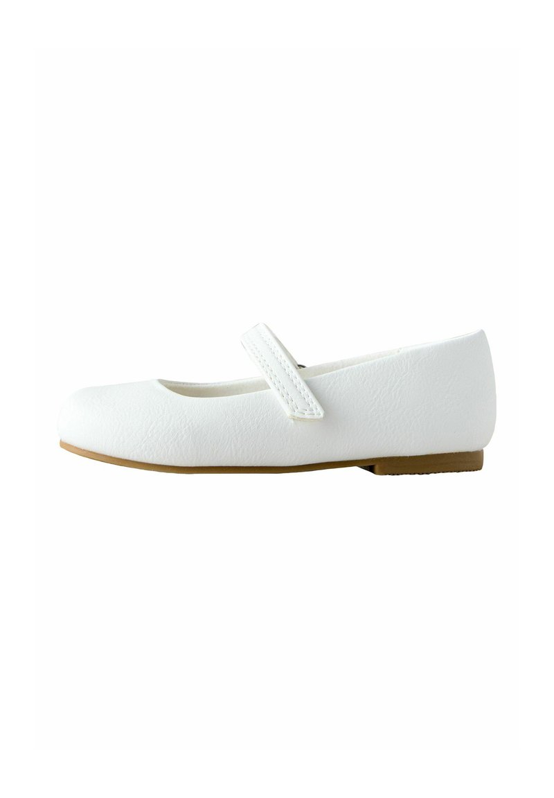White leather ballet flats with a rounded toe, flat sole, and adjustable strap across the instep. Textured surface with a smooth finish.