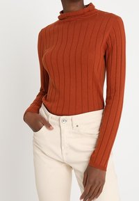 Pull à col roulé côtelé couleur rouille en tissu doux ; manches longues et coupe ajustée. Associé à un jean taille haute de couleur claire.